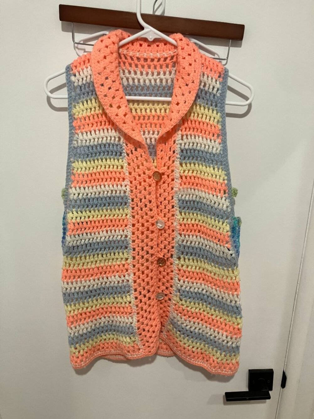 Vintage Handmade Crochet Sweater Vest Striped Orange Pastel Boho Cottagecore
